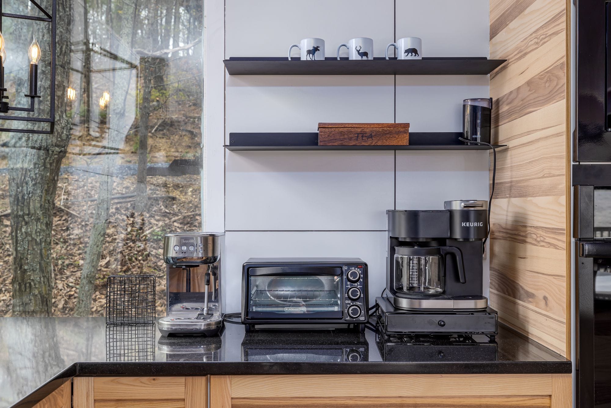 Coffee bar with a Breville espresso machine, drip maker, and Keurig