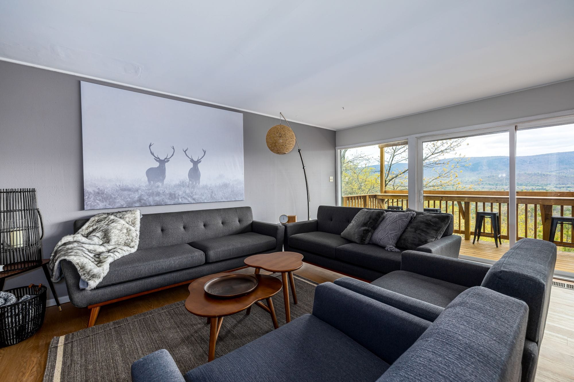 Living room seating opening to the deck and valley view