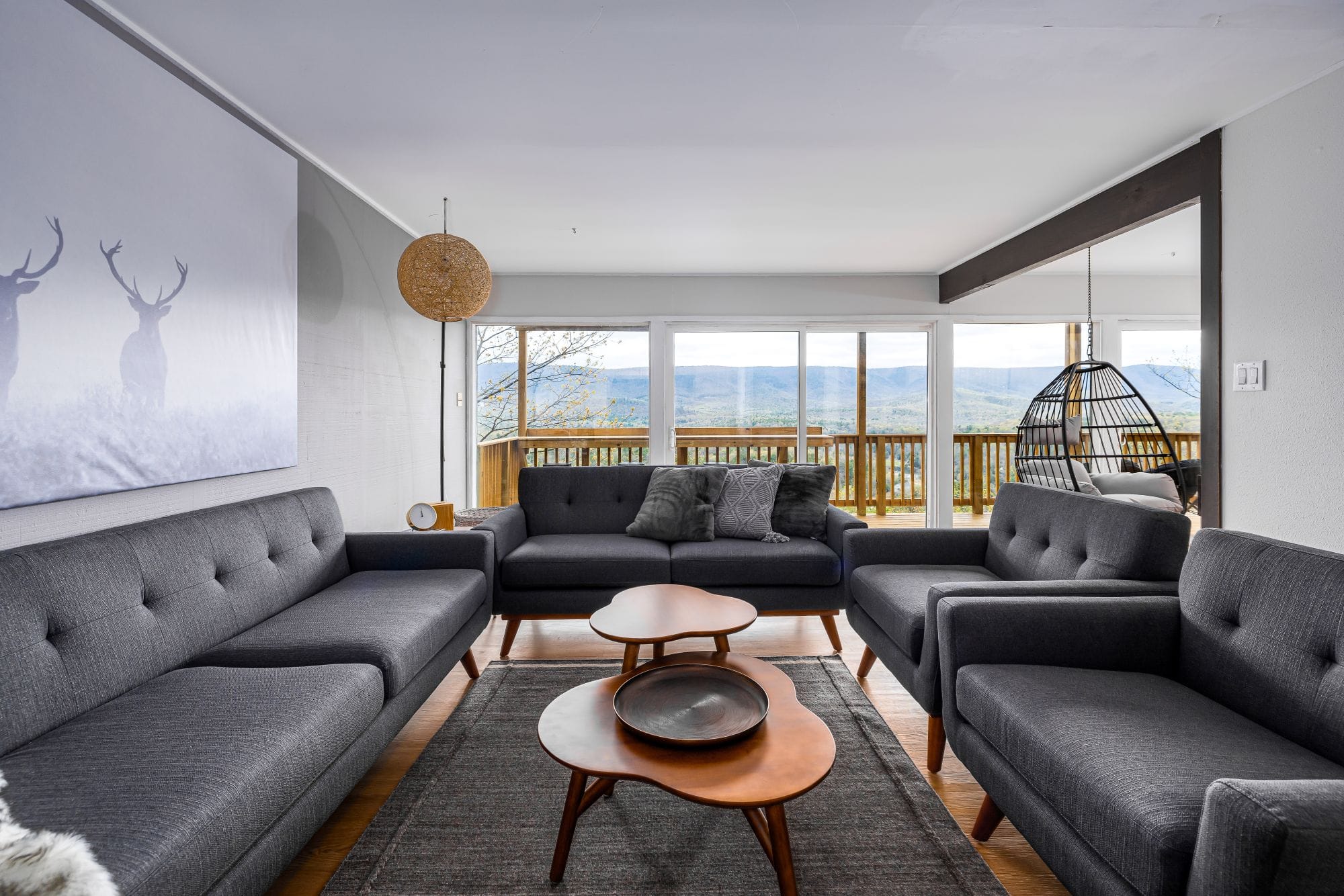 The Chalet living room with mid-century seating, a hanging egg chair, and the Shenandoah Valley through a wall of glass