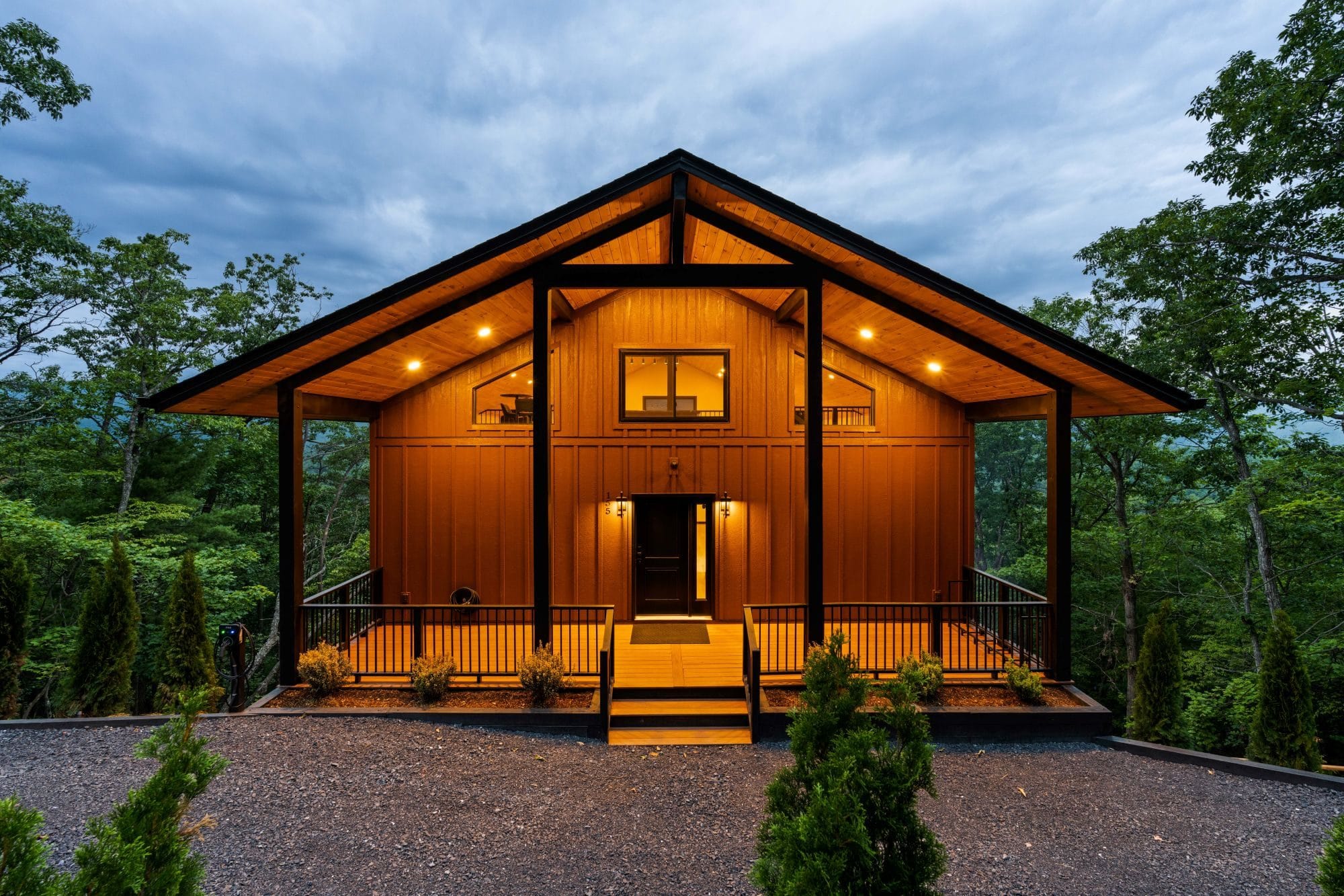 The Cabin at twilight, front elevation, with the Shenandoah ridgeline behind